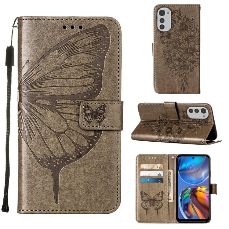 Embossed butterfly leather folio phone case in grey with card slots and flip cover