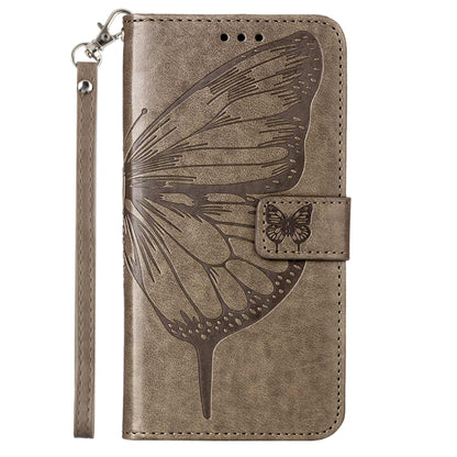 Embossed butterfly leather folio phone case in grey with wrist strap and flip cover
