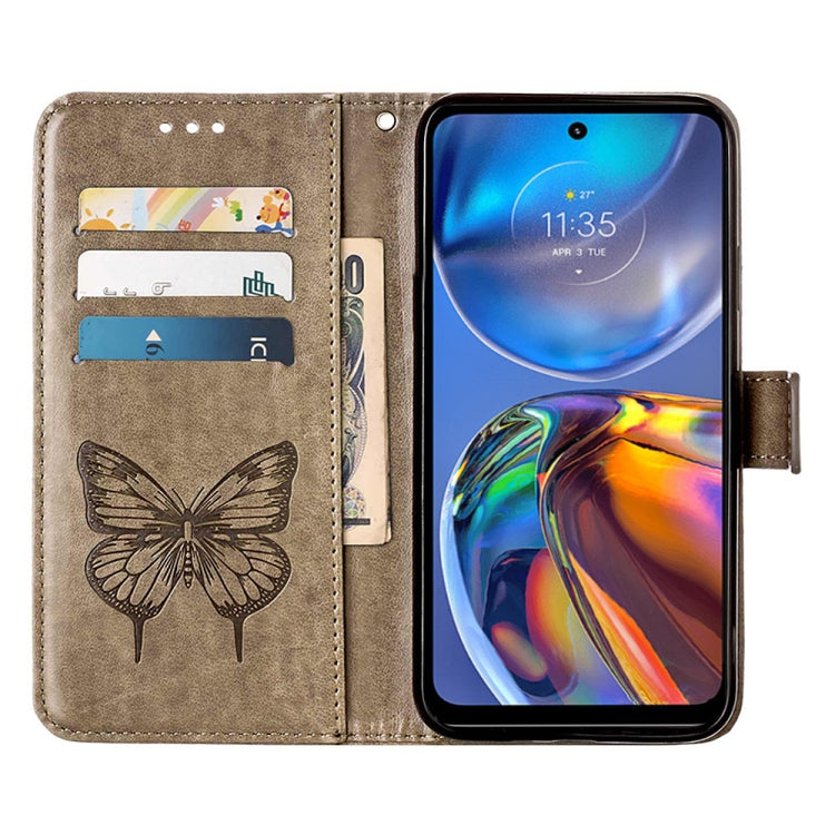Embossed butterfly leather folio phone case in grey with open card pockets and flip cover