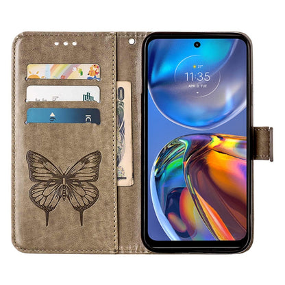 Embossed butterfly leather folio phone case in grey with open card pockets and flip cover