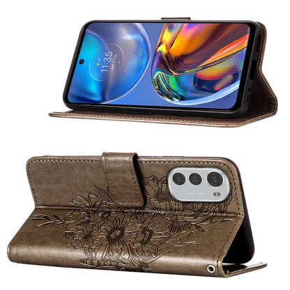 Embossed butterfly leather folio phone case in brown with card slots and magnetic flip