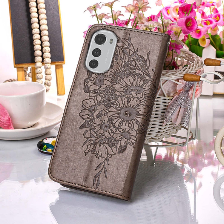Embossed butterfly leather phone case in grey with embossed flowers and card pocket