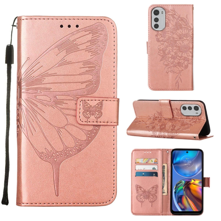 Embossed butterfly leather folio phone case in rose pink with card slots and flip cover