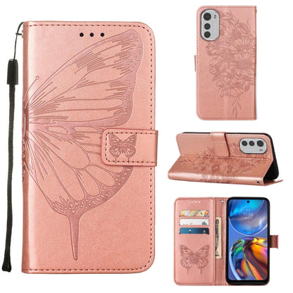 Embossed butterfly leather folio phone case in rose pink with card slots and flip cover