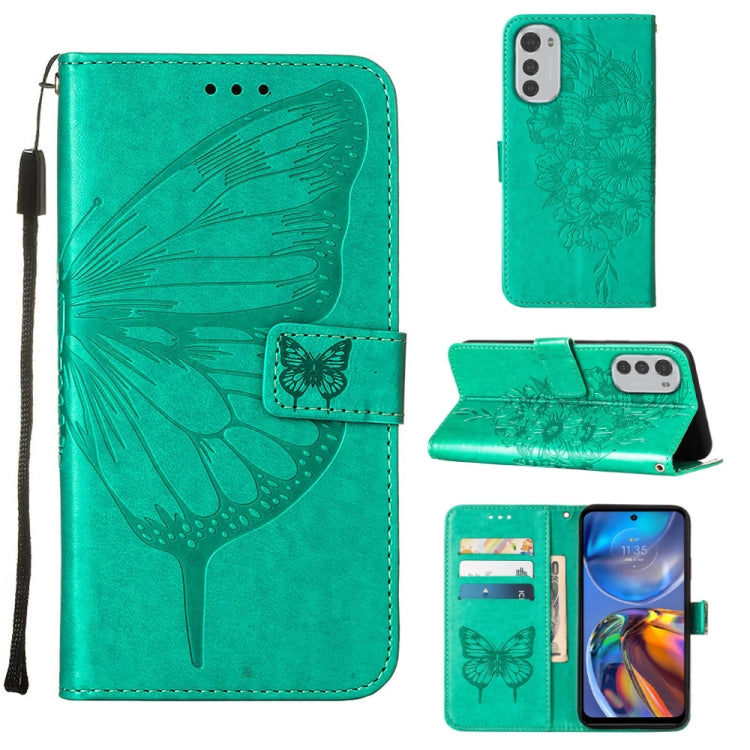 Embossed butterfly leather folio phone case in green with card slots and flip cover