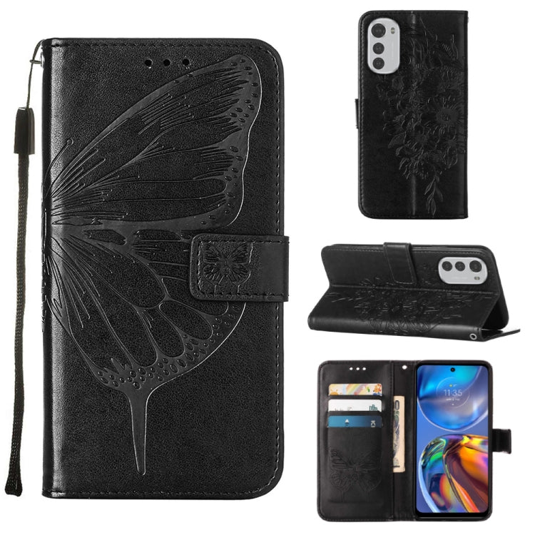 Embossed butterfly leather folio phone case in black with card slots and flip cover