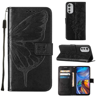 Embossed butterfly leather folio phone case in black with card slots and flip cover