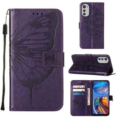 Embossed butterfly leather folio phone case in dark purple with card slots and flip cover