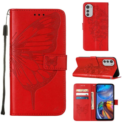 Embossed butterfly leather phone case for Motorola Moto E32, red folio with card slots