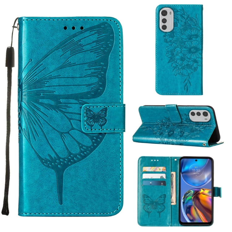 Embossed butterfly leather phone case for Motorola Moto E32, blue folio with card slots