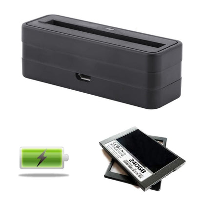 Black battery charger adapter with open slot and micro USB charging port