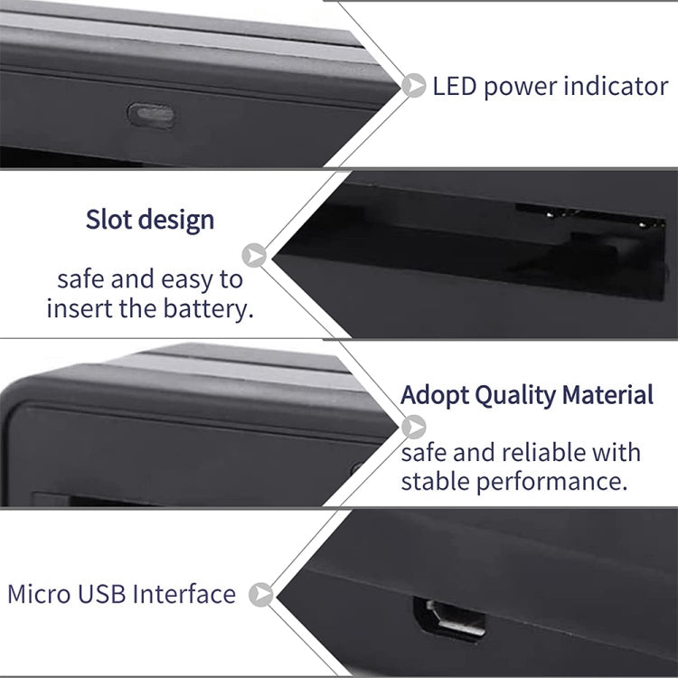 Black battery charger adapter closeup: battery slot, LED power indicator, micro USB