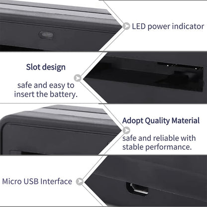 Black battery charger adapter closeup: battery slot, LED power indicator, micro USB