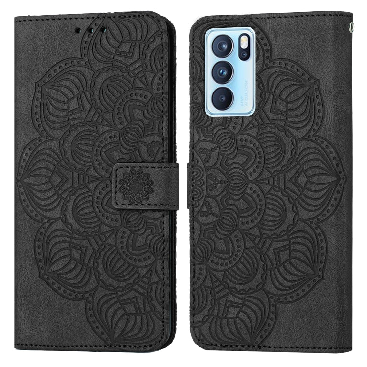 Black embossed mandala flip leather phone case with side clasp and card slot