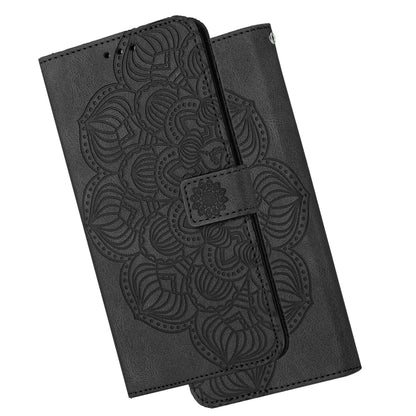 Black embossed mandala flip phone case with front cover and foldover strap