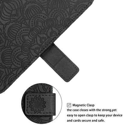 Black embossed leather phone case with stitched magnetic clasp tab detail