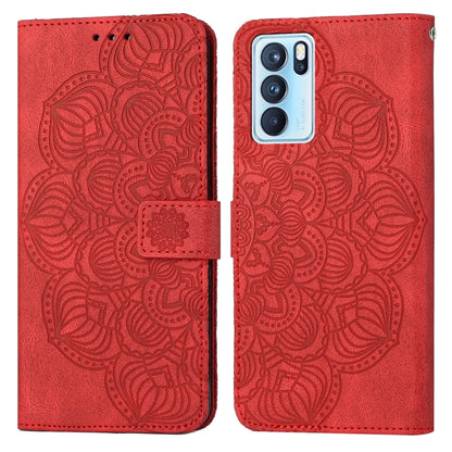 Red embossed mandala flip leather phone case with front cover and side clasp