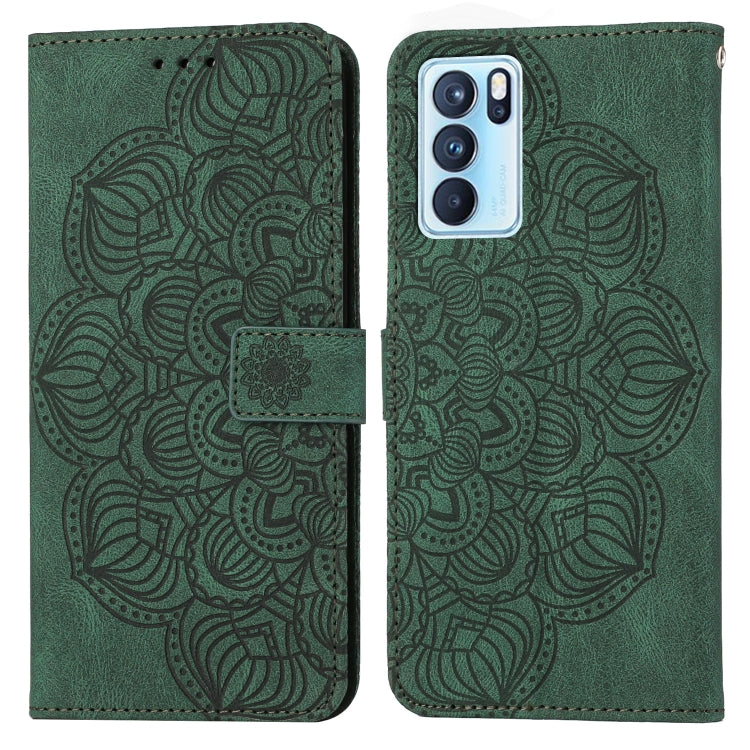 Green embossed mandala flip leather phone case with front cover and side clasp