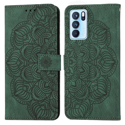 Green embossed mandala flip leather phone case with front cover and side clasp