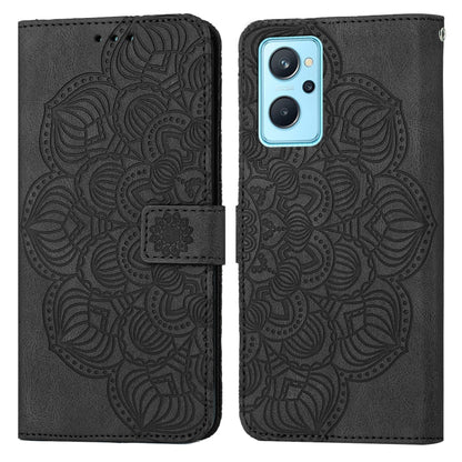 Mandala embossed flip phone case in black with magnetic strap and card slot