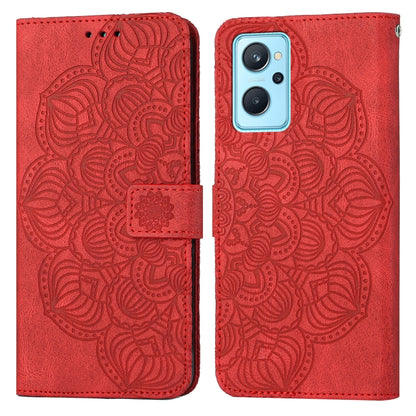 Mandala embossed flip phone case in red with magnetic strap and card slot