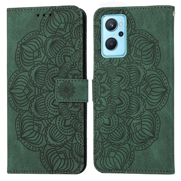 Mandala embossed flip phone case in green with magnetic strap and card slot