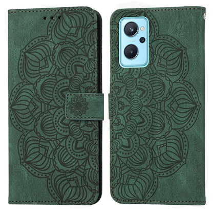 Mandala embossed flip phone case in green with magnetic strap and card slot