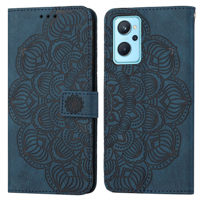 Mandala embossed flip phone case in blue with magnetic strap and card slot