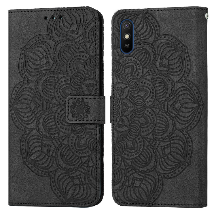 Black embossed mandala flip phone case with magnetic strap and camera cutout