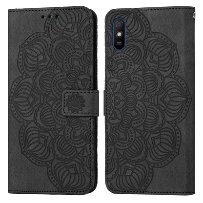 Black embossed mandala flip phone case with magnetic strap and camera cutout