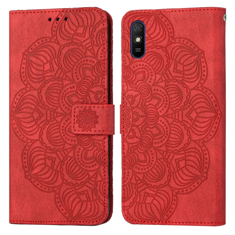 Red embossed mandala flip phone case with magnetic strap and camera cutout