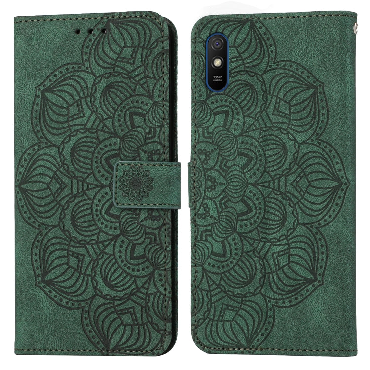 Green embossed mandala flip phone case with magnetic strap and camera cutout