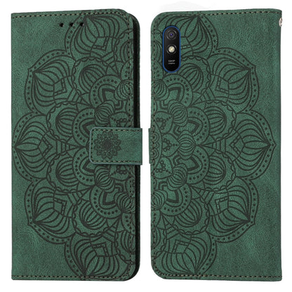 Green embossed mandala flip phone case with magnetic strap and camera cutout