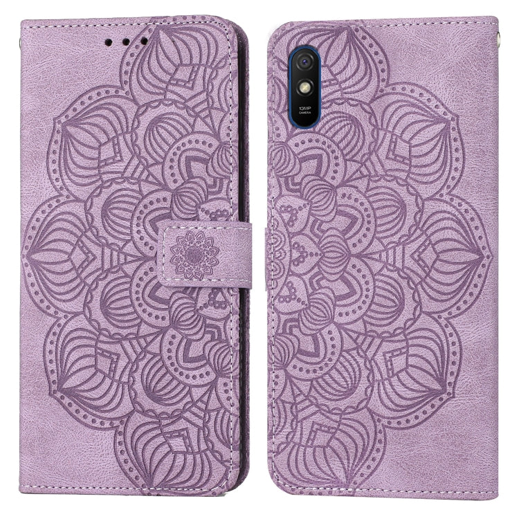 Purple mandala embossed flip phone leather case with magnetic strap and card holder