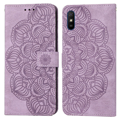 Purple mandala embossed flip phone leather case with magnetic strap and card holder