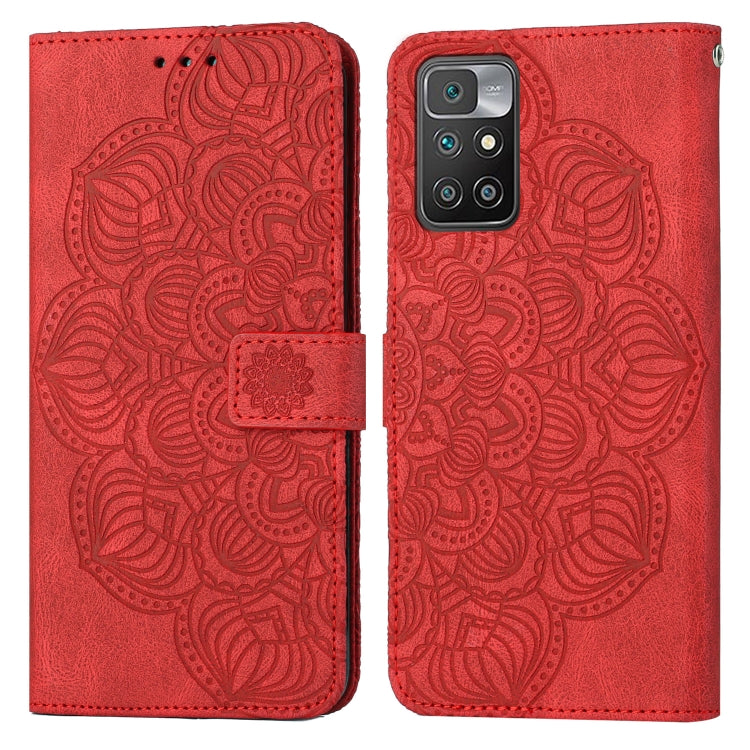 Red mandala embossed flip leather phone case with magnetic strap