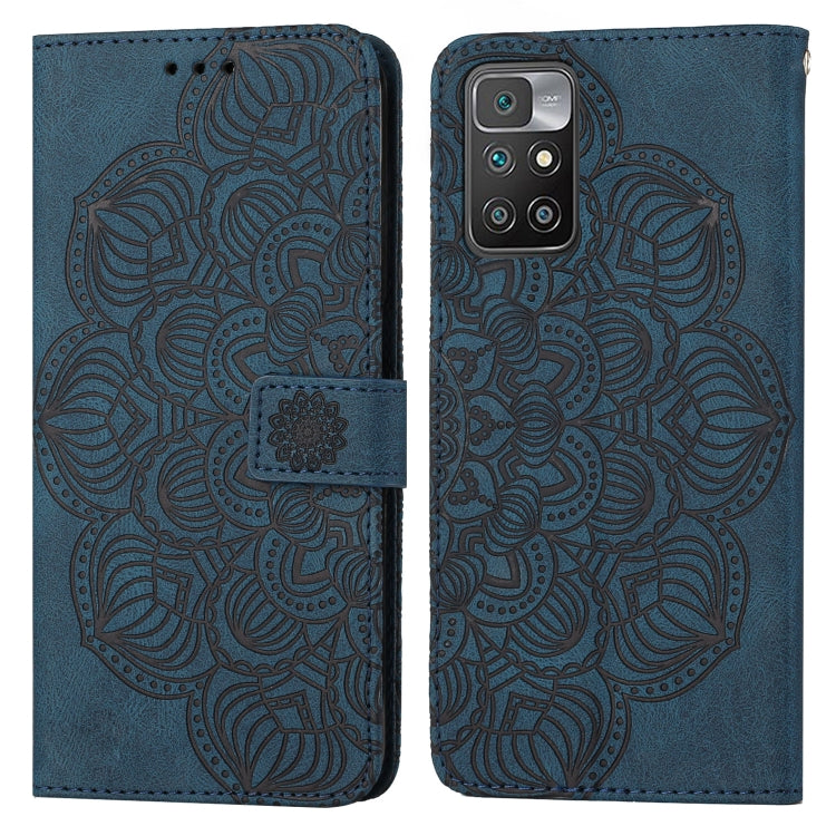 Blue mandala embossed flip leather phone case with magnetic strap