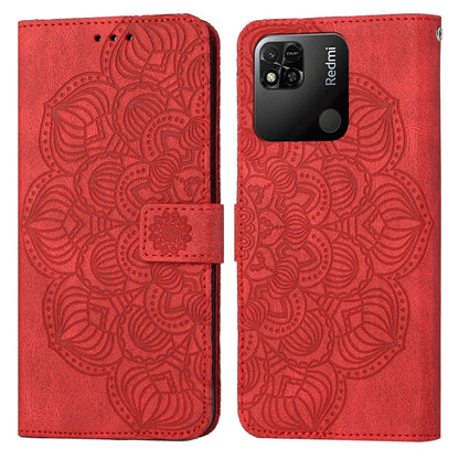 Red mandala embossed flip leather phone case with magnetic strap