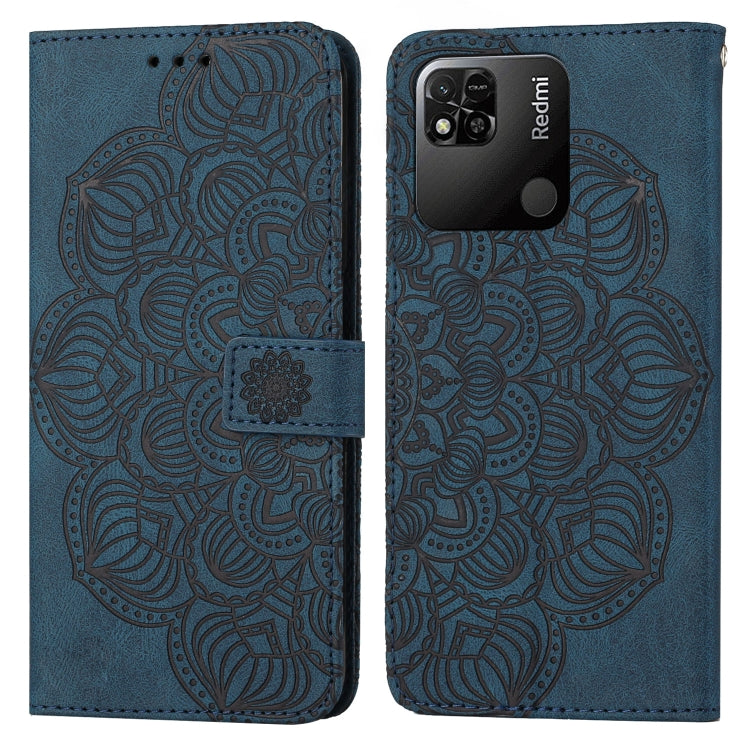 Blue mandala embossed flip leather phone case with magnetic strap