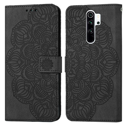 Black mandala embossed flip leather phone case with magnetic strap and camera cutout