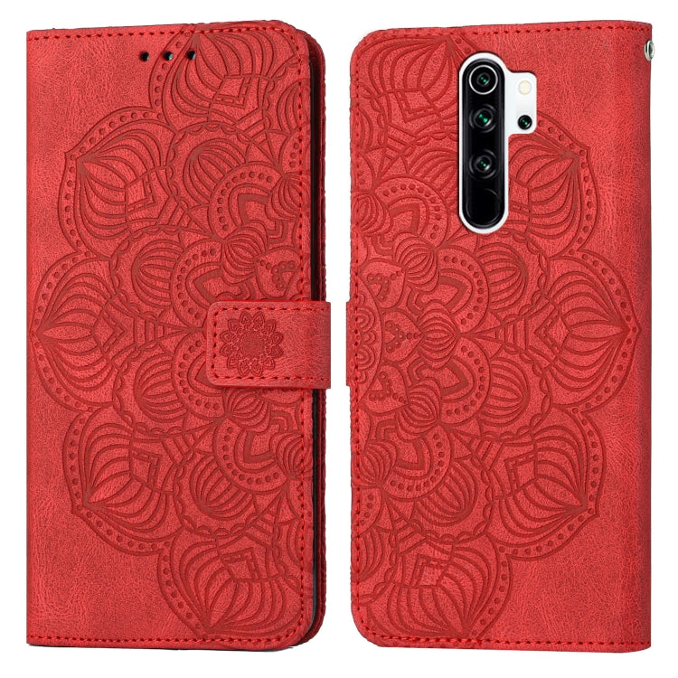 Red mandala embossed flip leather phone case with magnetic strap and camera cutout