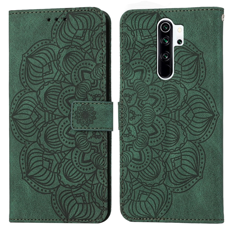 Green mandala embossed flip leather phone case with magnetic strap and camera cutout