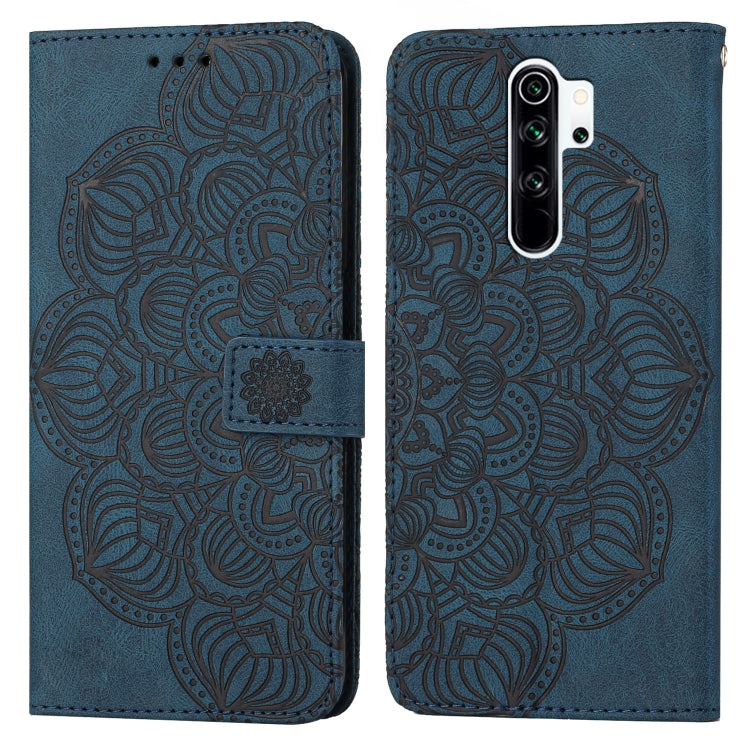 Blue mandala embossed flip leather phone case with magnetic strap and camera cutout