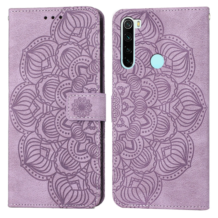 Mandala embossed flip leather phone case, purple with front strap and embossed pattern