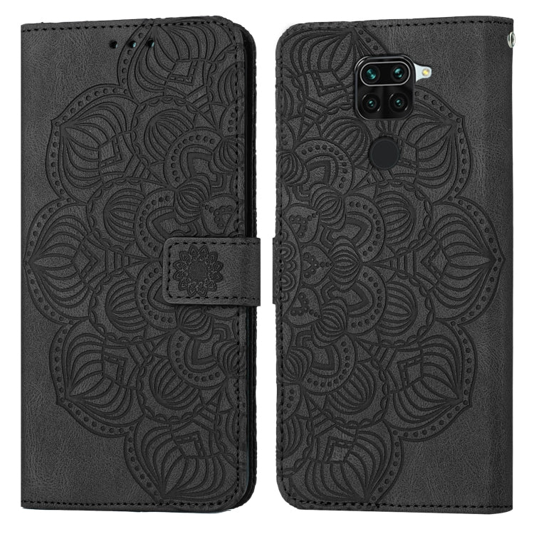 Mandala embossed flip leather phone case, black with centered strap and embossed design
