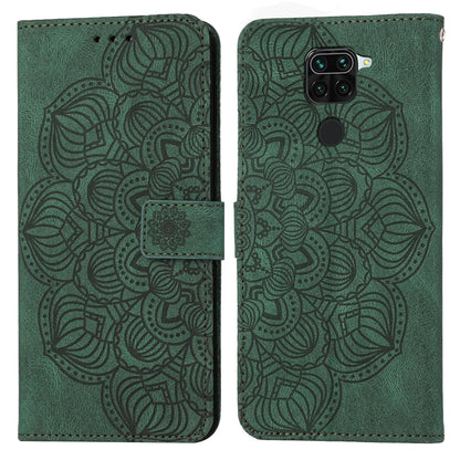Mandala embossed flip leather phone case, green with centered strap and embossed pattern