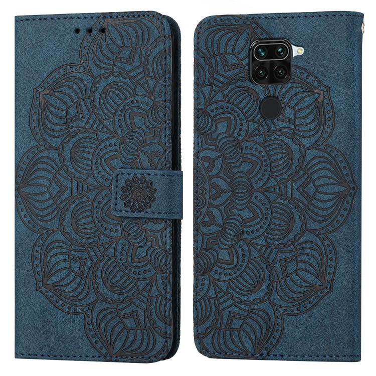 Mandala embossed flip leather phone case, blue with centered strap and embossed pattern