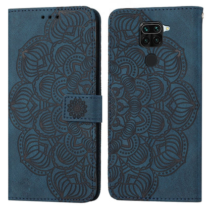 Mandala embossed flip leather phone case, blue with centered strap and embossed pattern