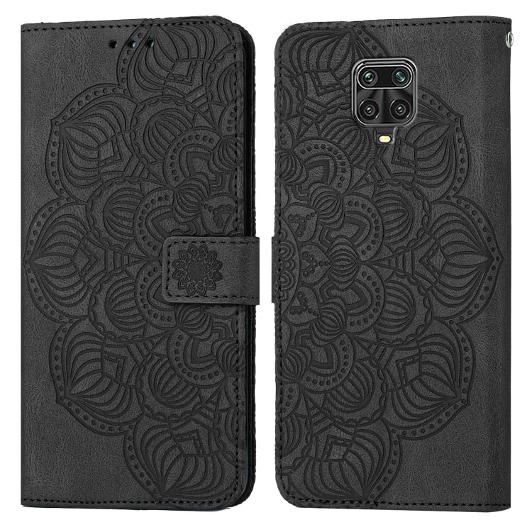 Mandala embossed flip leather phone case, black with centered strap and embossed pattern