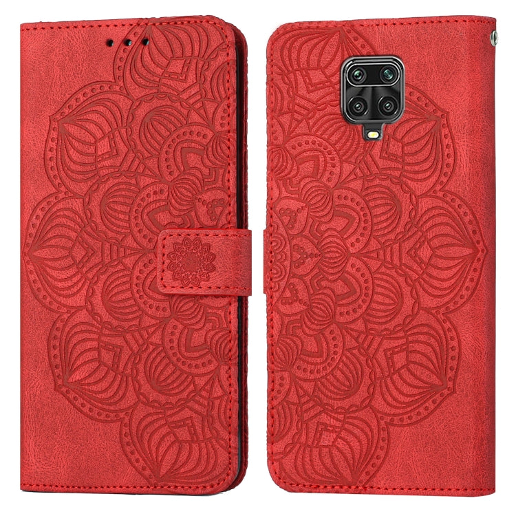 Red mandala embossed flip leather phone case with magnetic strap and camera cutout